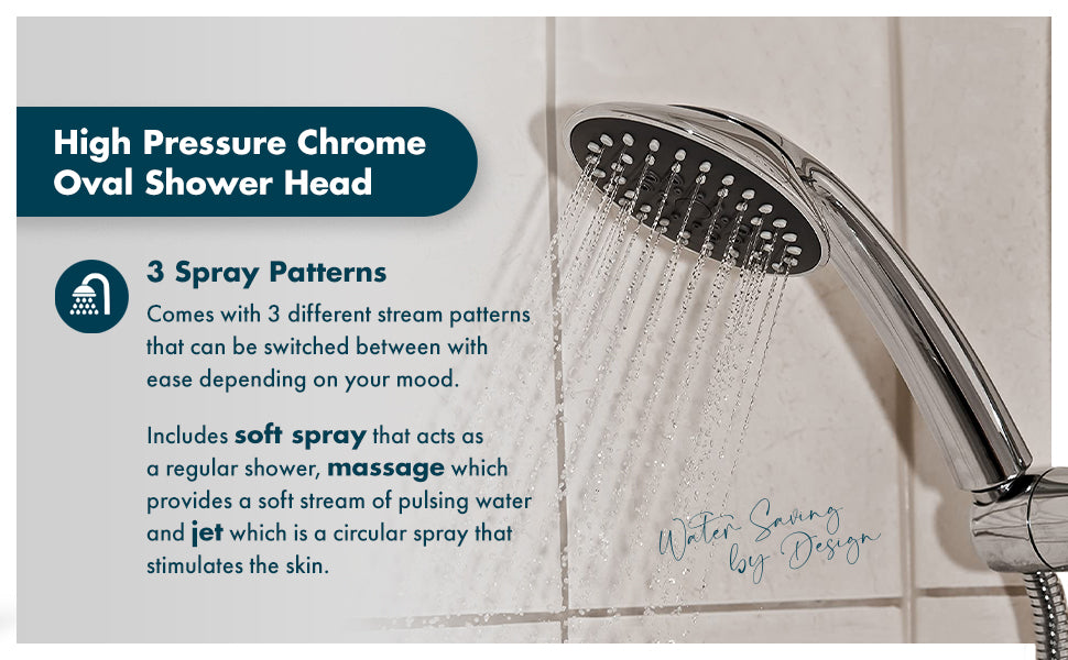 Oval Hand Held Shower Head – Stylish Chrome with Twist-Spray Function