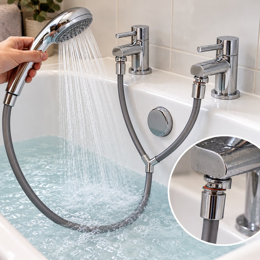 H2OLOW 3-spray handheld shower connected to separate hot and cold bath taps using Quick Fit connectors and a Y-shaped shower hose