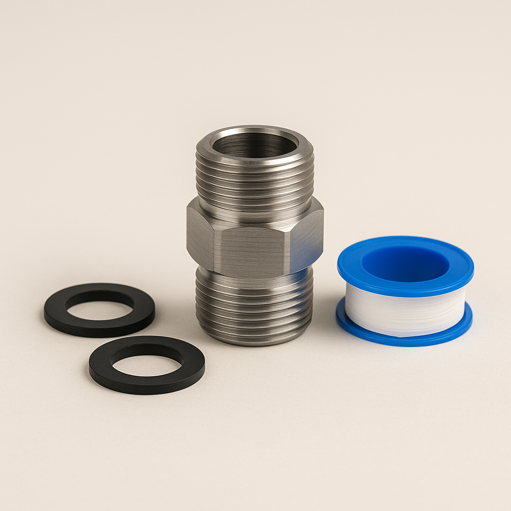 Shower Hose Extender Kit 1/2” BSP – Brushed Steel Male-to-Male Connector with Washers & PTFE Tape for Shower Hoses, Campervans, Tabletop Dishwashers & Plumbing